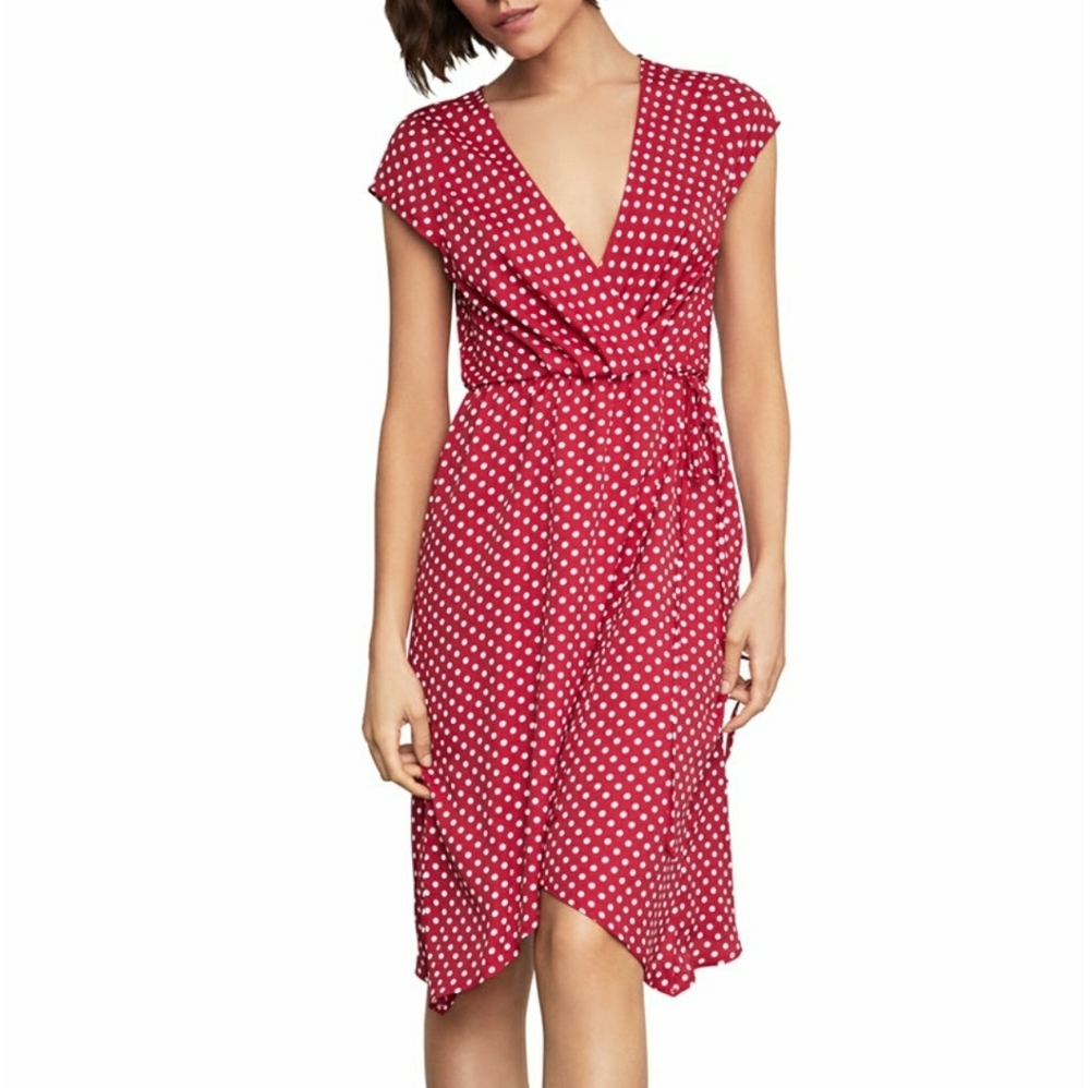 BCBG MAXAZRIA Red Polka-Dot Faux-Wrap Summer Party Dress